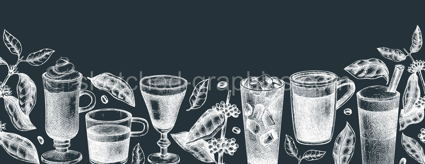 Hand-sketched coffee banner design. Vector sketches of  mugs with aromatic caffeine drinks templates. With botanical coffee plants, leaves and beans in vintage style. Vector beverages background Illustration
